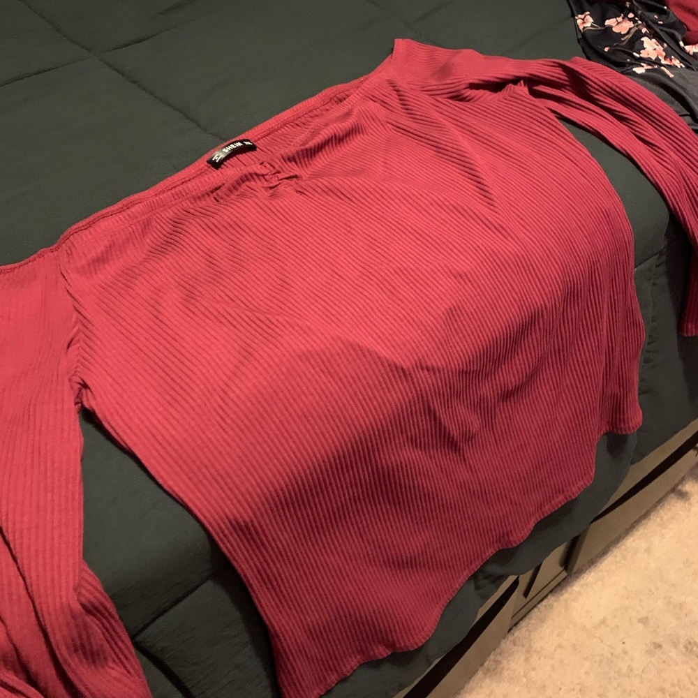 Plus Size Off the Shoulder Ribbed Top-Burgundy - Picture 6 of 6
